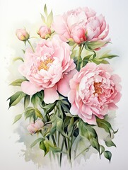 Watercolor painting of Soft Pink Peonies Create an image of a bouquet of soft pink peonies with lush green leaves.