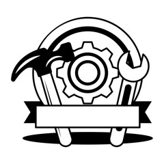 Hammer Spanner with gear and Ribbon vector icon design, Labor Day Symbol, 1st of May Sign,  International Workers Day stock illustration, Labourer Day Signage Badge concept