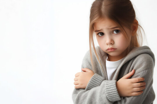 Sad child who is cold hugs himself on a white background