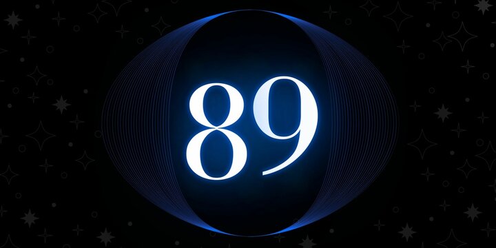 Number 89. Banner with the number eighty nine on a black background and white stars with a circle blue in the middle