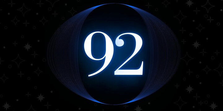 Number 92. Banner with the number ninety two on a black background and white stars with a circle blue in the middle
