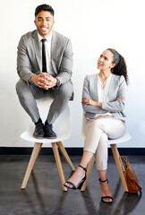 Man, woman and chair in office for inequality, portrait or stress for pay gap, promotion or...