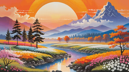 a painting of a beautiful sunset over a river