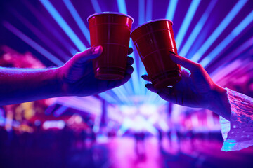 People having fun at nightclub, attending party, concert, drinking beer and clinking red cups with...