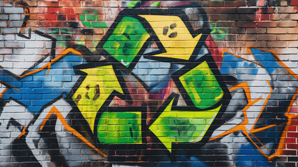 Pop art comic street graffiti with a recycle sign on a brick wall. Global warming concept. 