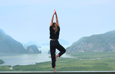 Woman practicing yoga on the sea view. Beautiful girl doing yoga on the steel  stand on the natural...