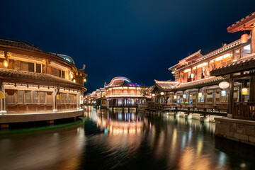 At night, the beautiful ancient town of Lizhuang on the lake, Yibin City, Sichuan Province, China