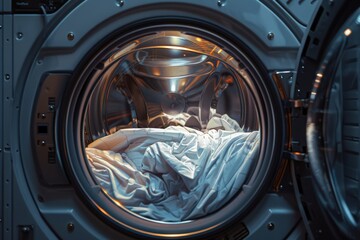 A washing machine agitates a load of white laundry, reflecting a routine chore in a clean, contemporary setting.