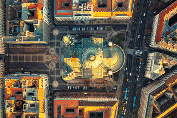 View from above of ancient city, houses, church. Ancient city