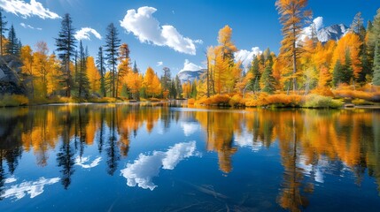 Fototapeta premium A serene lake surrounded by colorful autumn foliage, reflecting the sky and trees in its clear waters. 