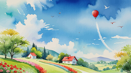 a painting of a landscape with a house and a hot air balloon