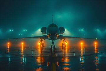 A sleek jet airplane is parked on the runway under the night sky, its powerful engines and elegant design ready for takeoff.