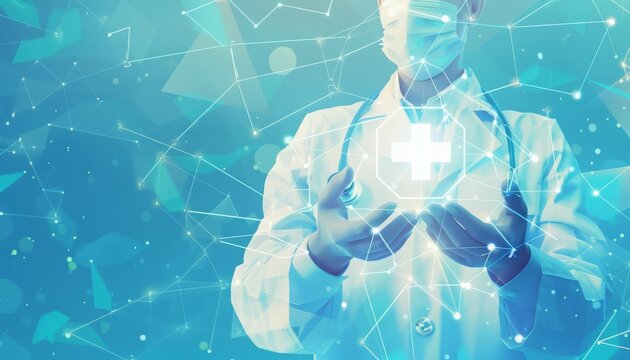 Low polygon doctor hands manipulate a FUI icon, demonstrating medical technology in a hospital setting, Sharpen banner template with copy space on center