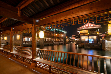 Fototapeta premium At night, the beautiful ancient town of Lizhuang on the lake, Yibin City, Sichuan Province, China