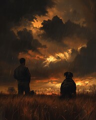 Fototapeta premium A dramatic portrait of a man and his great dane watching a storm from a safe distance, capturing the awe of nature and companionship