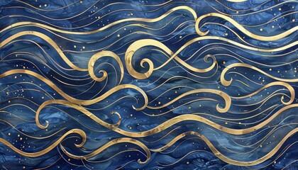 Magical fairytale ocean waves painted in navy and gold swirls, ideal for a childrens book illustration or a whimsical nursery decor