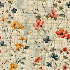 Vintage Fabric Texture with Floral Patterns Background

