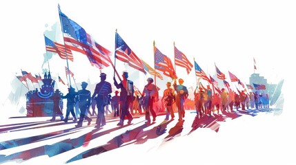 A patriotic parade with floats, marching bands, and people waving American flags down a Main Street