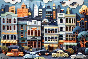 Paper art style of a bustling urban landscape in retro color, featuring a detailed cityscape with paper cut buildings and vehicles