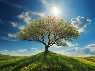 Obraz premium The landscape is transformed as vibrant hues of green blanket the earth, interspersed with the vibrant colors of blossoming flowers and the sturdy forms of trees.