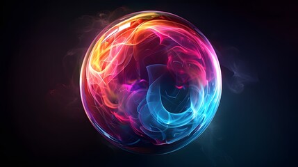 A sphere with an abstract gradient of colors, glowing from the inside out on a black background.
