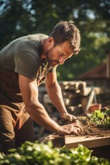 Fototapeta premium Farmer, man and vegetables box of agriculture, sustainability and farming in greenhouse or agro business. Portrait of happy seller gardening, green product harvest or healthy food