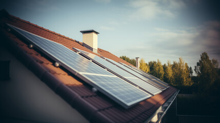 Photovoltaic panels on the roof of the house in the summer time; solar panel monted in single-family home