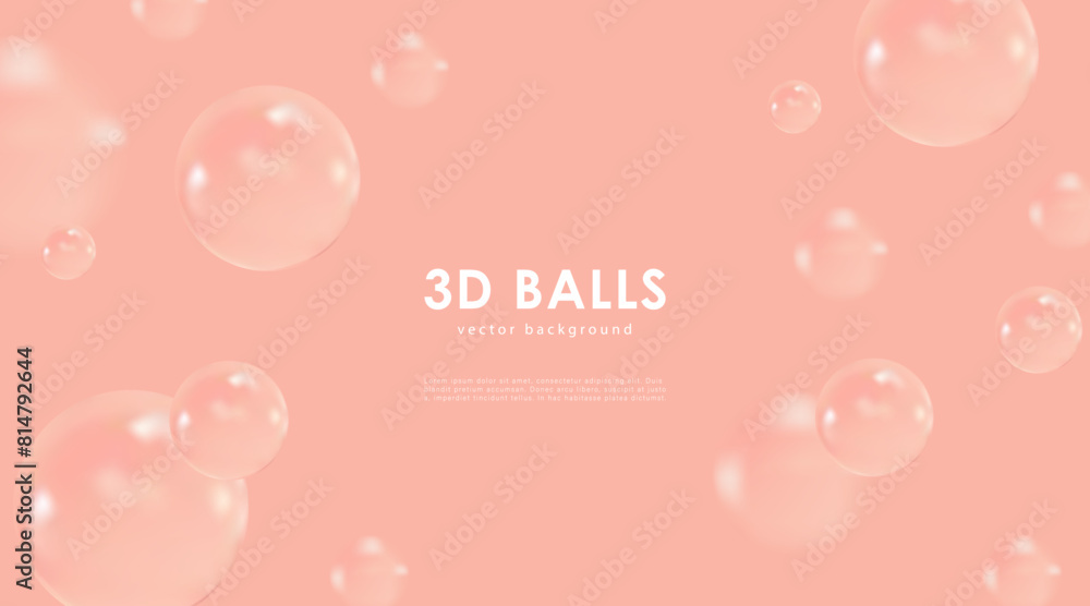 Poster luxurious vector soft peach abstract background with voluminous glossy realistic 3d balls. wall or b