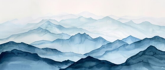 Serene Asianinspired watercolor landscape, featuring layered blue mountains with subtle gold accents, perfect for a tranquil background