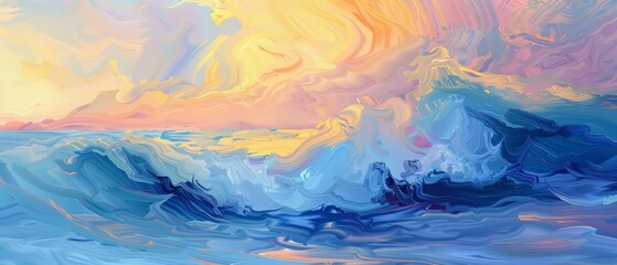 Sunset waves painting in pastel tones of blue, yellow, and pink, offering a peaceful yet colorful background for summer travel promotions