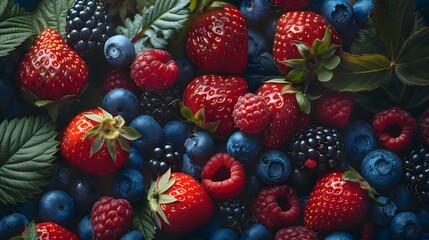 Fototapeta premium A vibrant mix of berries, including strawberries, raspberries and blueberries, with leaves in the background. 