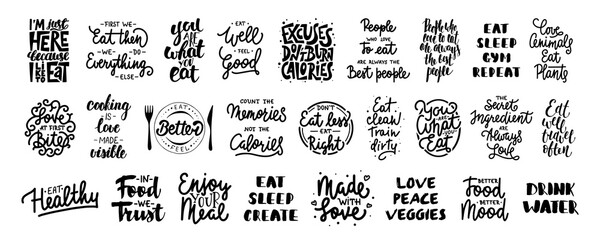PNG Set of 26 healthy food and eating lettering quotes for posters, decoration, prints, t-shirt design.	
