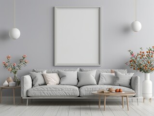 interior design,Minimalist Living Room Interior with White Frame Mockup, Grey Sofa, and Elegant Decor 3d rendering	