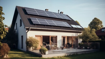 Obraz premium Solar panels on the roof of the house in the summer time; photovoltaic panel in single-family home; front view