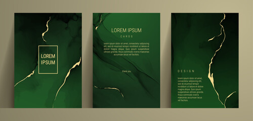 Abstract art vector illustration. Marble green texture. Luxury graphic, acrylic alcohol ink, gold foil. Set of liquid splash posters. Gradient background in dark green color. Fluid watercolor painting
