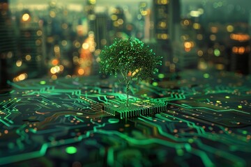 The vision of a neon tree growing on a circuit board in a cityscape emphasizes green tech in urban planning, captured in a panoramic format with space for text