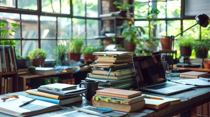 Lush indoor study space brimming with books, plants, and natural light for an academic setting
