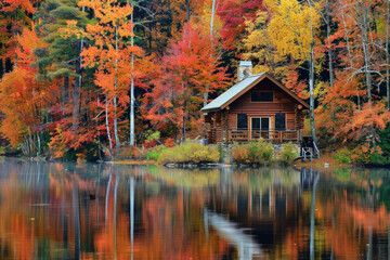 A tranquil lakeside cabin nestled amidst a forest of vibrant autumn foliage, with trees ablaze in hues of red, orange, and gold, reflecting in the calm waters of the lake.