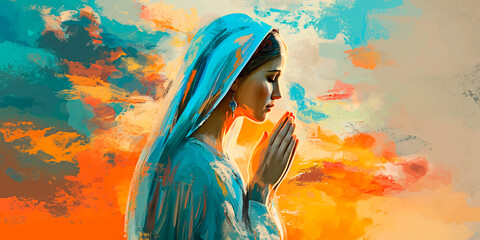 A Vibrant painting of Mother Mary praying during sunset.