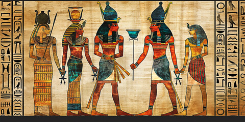 Depiction of pharaohs and gods from Ancient Egypt on a papyrus or wall. Concept of historic ancient art and egyptian mythology in art.
