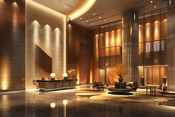 A breathtaking scene captured in stunning HD detail, portraying the interior design of a modern reception area lobby, characterized by clean lines, chic furniture. Modern lobby for five star hotels