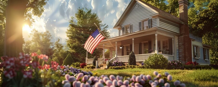 An American flag waving proudly in front of a traditional suburban house decorated for the 4th of July