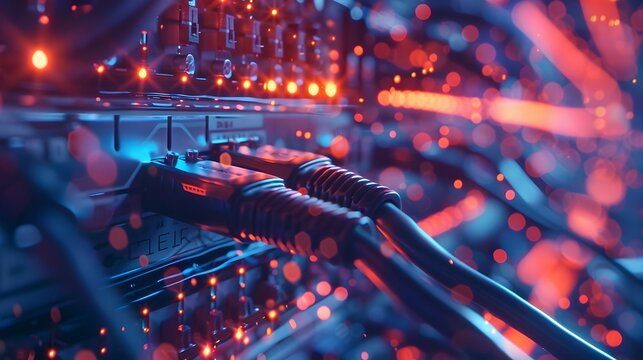 An closeup of network cables and equipment in an IT server room, highlighting the data transfer process between devices.
