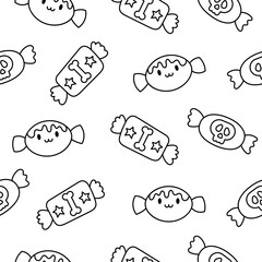 Sugar Halloween sweet candies. Seamless pattern. Coloring Page. Funny food. Cartoon caramel suckers. Hand drawn style. Vector drawing. Design ornaments.