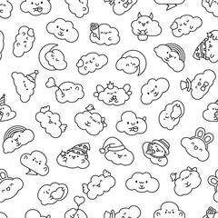 Obraz premium Cute and kawaii cloud. Seamless pattern. Coloring Page. Cartoon weather character. Hand drawn style. Vector drawing. Design ornaments.