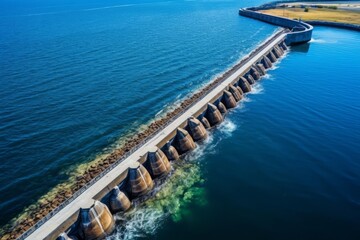 Fototapeta premium Aerial shot of a tidal barrage with water levels differing on either side, demonstrating its functionality, with clear weather and vivid colors, perfect for stock photos