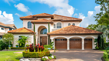 Obraz premium Large home in a residential neighborhood,Villa with lots of rooms with contemporary exterior house and three garages for cars,Beautiful Newly Built Luxury Home Exterior,Neatly maintained house