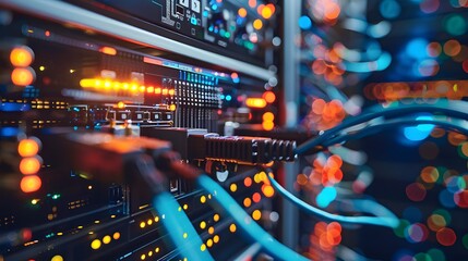An closeup of network cables and equipment in an IT server room, highlighting the data transfer process between devices.
