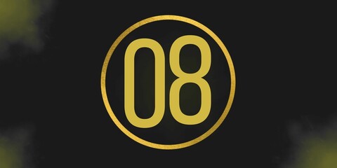 Number 08. Banner with the number eight on a black background and gold details with a circle gold in the middle