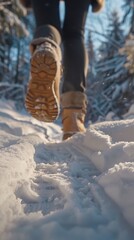 The snow crunches under her boots as she walks, leaving a trail of footprints behind her 8K , high-resolution, ultra HD,up32K HD